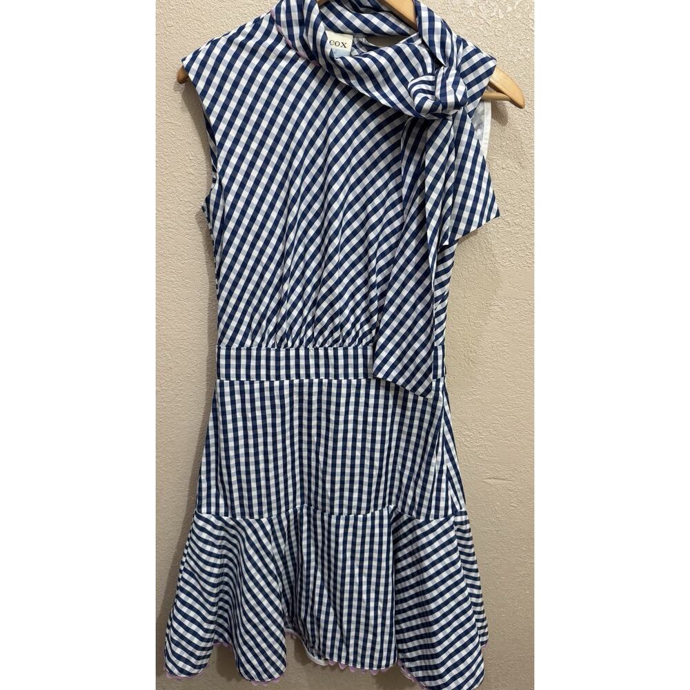 Tish Cox Blue & White Gingham Mini Dress with Neck Tie